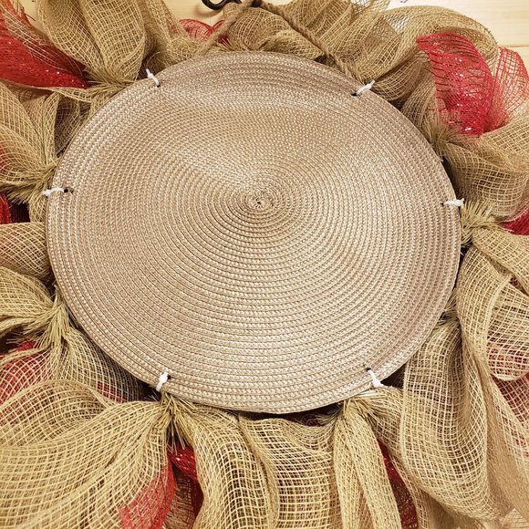 New - Hand Crafted Khaki and Red Deco Mesh Wreath - Picture 4 of 4